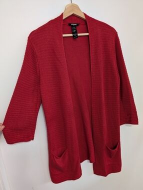 Olsen Small Red Cardigan Linen Waffle Knit Open Front Sweater 3/4 Wide Sleeve